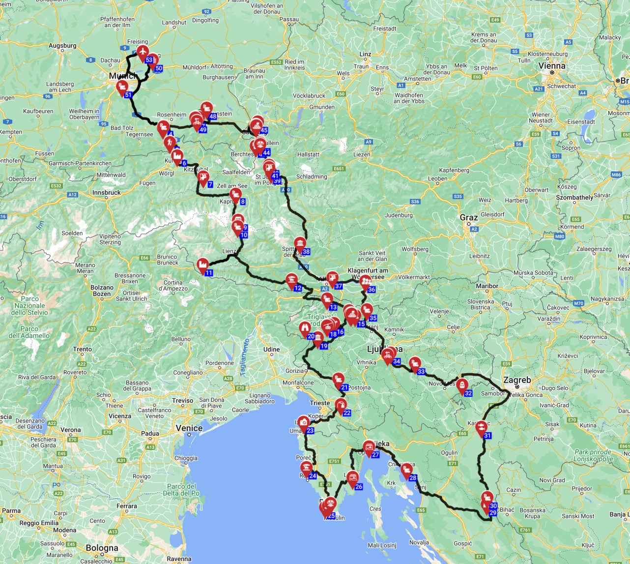 Map for Munich Roundtrip - South - Austria Slovenia Croatia